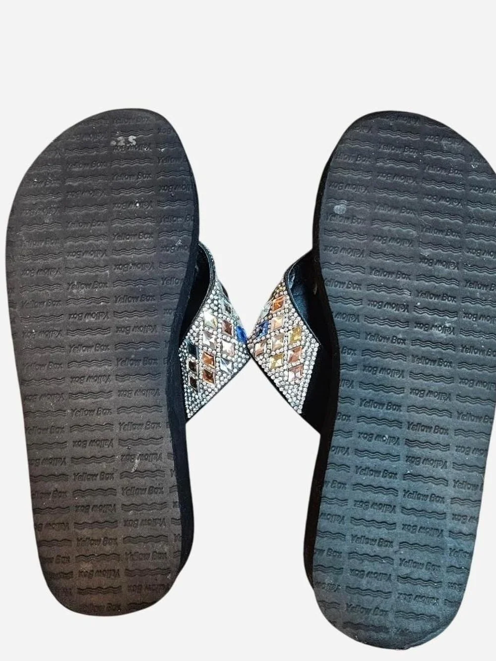 Y2K Style Platform Yellow Box Black Multistone Jeweled Thong Sandals Size 9 - Picture 3 of 8